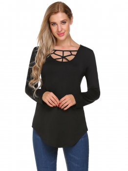 

Black Solid Straps O-Neck Long Sleeve Basic Tops, Multicolor