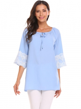 

Blue Women Casual 3"4 Sleeve Lace Patchwork Loose Tunic Top Blouse, Multicolor