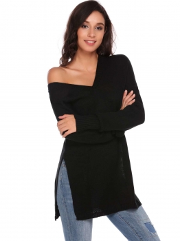 

Black Long Sleeve V Neck Solid Split Loose Kint Pullover Sweaters, Multicolor
