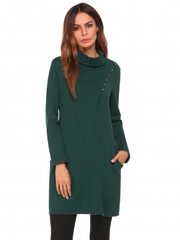 

Dark green Women High Neck Long Sleeve Pleated Solid Casual Loose Dress with Pockets, Multicolor