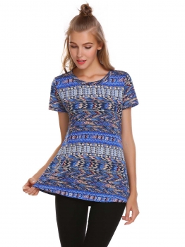 

Blue Tree Print O-Neck Short Sleeve Spring Summer T-shirt, Multicolor