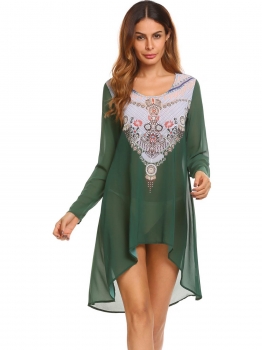 

Army green Women Long Sleeve Print Chiffon Asymmetric Loose Casual Beach Cover Up Top, Multicolor