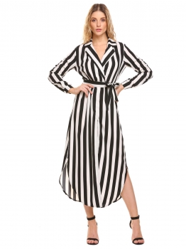 

Black Women Casual V Neck Long Sleeve Striped Split Dress with Sash, Multicolor