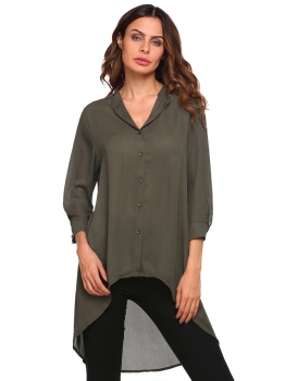 

Army green Solid Dip Hem Stand Neck 3"4 Sleeve Buttoned Chiffon Shirt, Multicolor
