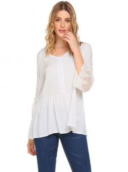 

Beige Women Fashion Solid Flare 3"4 Sleeve Lace-trimmed Button T-Shirt, Multicolor