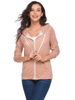 

Nude pink Drawstring Long Sleeve Dot Pocket Zipper Hoodie, Multicolor