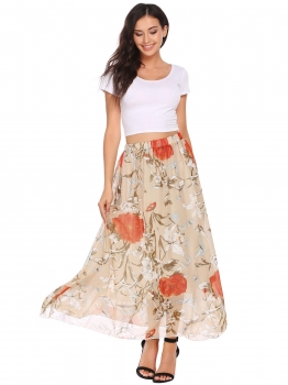 

Camel Elastic Waist Floral Print Casual Chiffon Skirts, Multicolor
