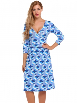 

Blue Plunging Neck 3"4 Sleeve Floral A-Line Dress, Multicolor