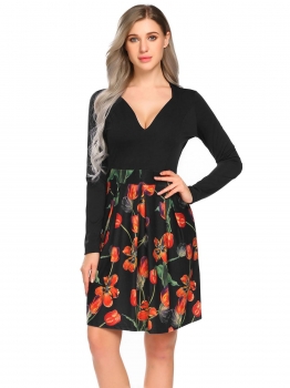 

Black V Neck Long Sleeve Printed Patchwork Slim Waist Pleated Casual Dress, Multicolor