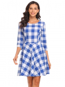 

Blue Women Casual O-Neck 3"4 Sleeve Plaids A-Line Pleated Sexy Dress, Multicolor