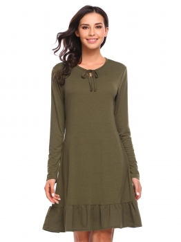 

Army green Women Casual O-Neck Long Sleeve Solid Bow Tie Ruffle Hem Pullover Loose Dress, Multicolor