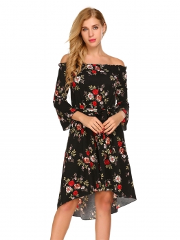

Black Women Off Shoulder 3"4 Flare Sleeve Printed High Waist Pleated Dress with Belt, Multicolor