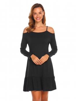 

Black Women Spaghetti Strap Neck Cold Shoulder Long Sleeve Ruched Patchwork Dress, Multicolor