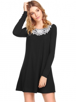 

Black Long Sleeve Applique Short Dress, Multicolor