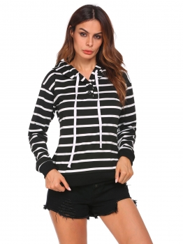 

Black Women Long Sleeve Striped Cotton Pullover Sports Hoodie, Multicolor