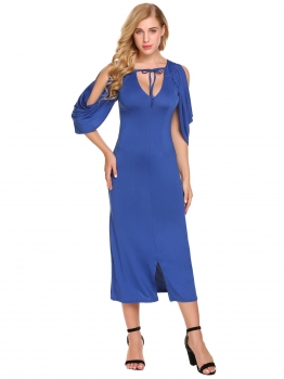

Blue Women Sexy V-Neck Cape Sleeve Party Midi Dress, Multicolor