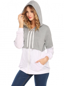 

Gray Women Casual Long Sleeve Contrast Color Patchwork Zip-up Hoodies, Multicolor