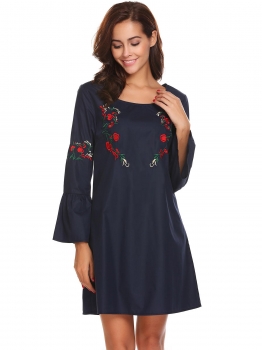 

Navy blue O-Neck Long Flare Sleeve Embroidery Loose Straight Dress, Multicolor