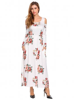 

White Women Round Neck Cold Shoulder Long Sleeve Floral Printed Slim Waist Maxi Dress, Multicolor