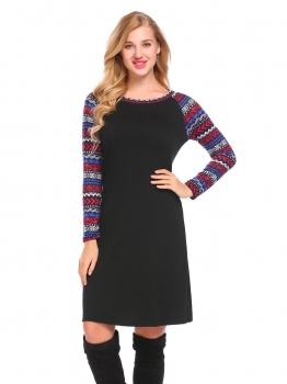 

Black Women Casual O Neck Long Sleeve Printed Patchwork Loose Straight Dress, Multicolor