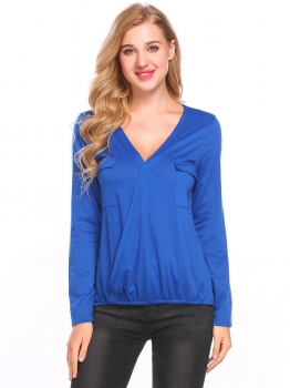 

Blue V-Neck Cross Front Long Sleeve Faux Wrap Elastic Hem Pullover Blouse Tops, Multicolor