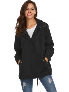 

Black Women Hooded Long Sleeve Front-Zip Lightweight Coat, Multicolor