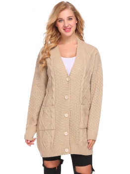 

Khaki Women Casual Thick V-Neck Long Sleeve Solid Sweater Cardigan, Multicolor