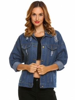 

Women's Turn Down Collar Loose Ripped Button Down Boyfriend Denim Jacket, Multicolor