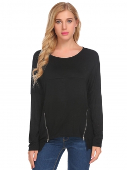 

Black Women Drop-Shoulder Batwing Sleeve Zip Décor Casual Loose T-Shirt, Multicolor