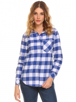 

Blue Women Long Sleeve Plaid Button Down Casual Shirt, Multicolor