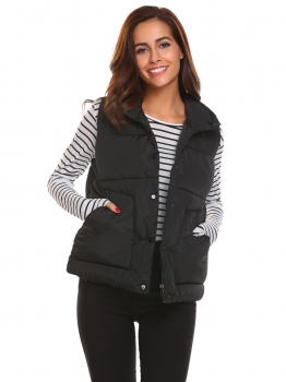 

Black Women Casual Sleeveles Zip-up Channel-Quilted Thick Padded Vest, Multicolor