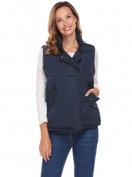 

Blue Women Stand Neck Sleeveless Solid Loose Down Jacket Waistcoat With Flat Pocket, Multicolor
