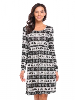 

Black Women Casual O-Neck Long Sleeve Print Elastic Waist A-Line Pleated Knitted Dress, Multicolor