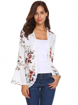 

White Women Casual Long Trumpet Sleeve Floral Lace-trimmed Open Front Chiffon Jacket, Multicolor