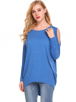 

Blue Women Cold Shoulder Batwing Sleeve Solid Irregular Casual Loose Fit Blouse Tops, Multicolor