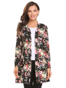 

Black Women Long Sleeve Floral Slim Fit Casual Cardigan with Pocket, Multicolor