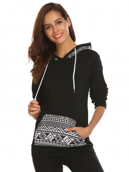 

Black Women Boho Printed Casual Pullover Hoodies with Pocket, Multicolor