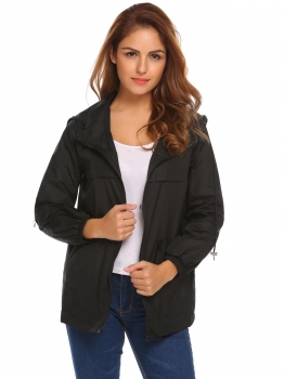 

Black Women Casual Hooded Long Sleeve Loose Zipper Up Rain Jacket With Pockets, Multicolor