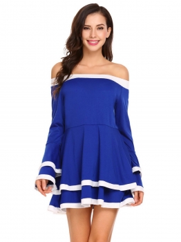 

Blue Women Casual Slash Neck Off the Shoulder Flare Sleeve A-Line Pleated Hem Sexy Blouse, Multicolor