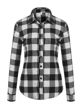 

Black white Casual Turn-down Neck Long Sleeve Button Up Plaid Are Hem Shirt Tops, Multicolor