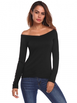 

Black Women Slim Fit V-Neck Off Shoulder Long Sleeve Casual T-Shrits, Multicolor