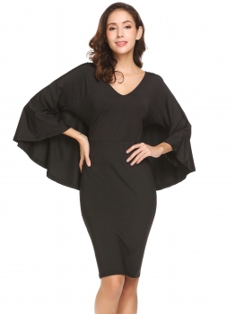 

Black V-Neck Loose Batwing Sleeve Solid Back Hollow Going Out Dress, Multicolor