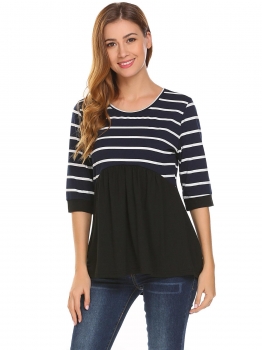 

Black Women O-Neck 1"2 Sleeve Striped Patchwork A-line Hem Fashion Casual Tops, Multicolor
