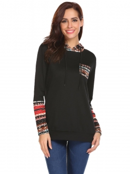 

Black Hooded Long Sleeve Printed Pullover Pocket Hoodie, Multicolor