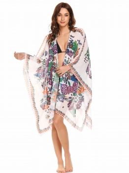 

Yellow Women Loose Bat Sleeve Print Side Split Cardigan Cover Up, Multicolor
