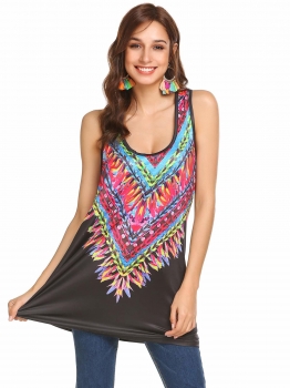 

Black Women Casual O-Neck Sleeveless Prints A-Line Hem Sexy Tops Vest T-shirt, Multicolor