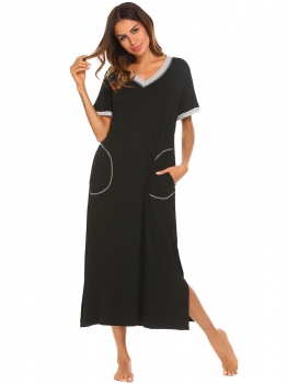 

Black Women V Neck Short Sleeve Contrast Color Loose Long Sleep-dress with Pocket, Multicolor