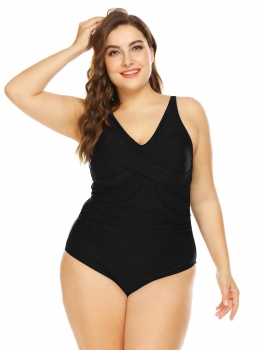 

Black Women Sexy Padded Backless Ruched Solid One Piece Swimwear Plus, Multicolor