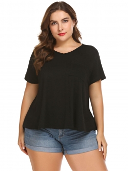 

Black Women Plus Size Casual V-Neck Short Sleeve Pokcet Asymmetrical T-Shirt, Multicolor