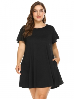 

Black Women Flutter Sleeve Solid Pocket Casual Loose Fit Tunic Dress Plus, Multicolor